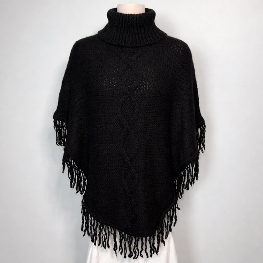 Anthropologie Black Poncho Sweater with Fringe